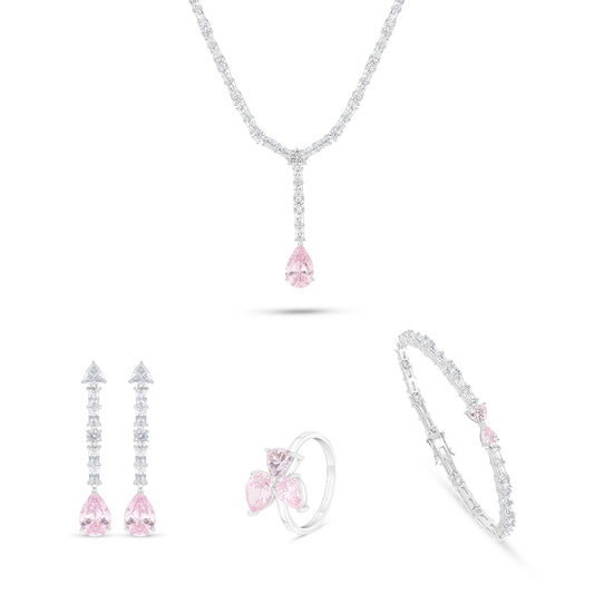 طقم من الفضة الخالصة عيار 925 مطلي روديوم مرصع احجار زركون بنك و فص ابيض