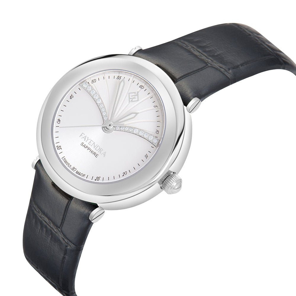 ساعة ستانلس ستيل عيار L316 بلون فضي جلد اسود و فص ابيض - مينا معدنية باللون الفضي