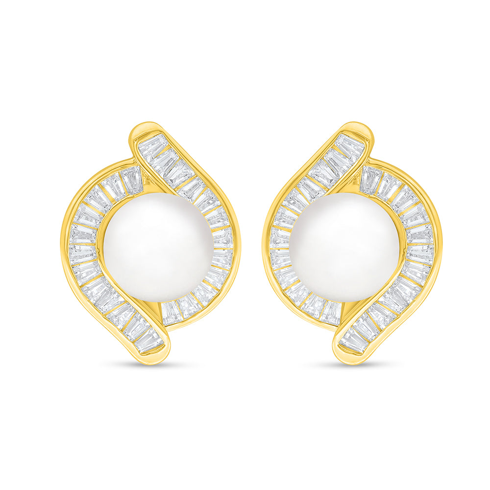 Sterling Silver 925 Earring Golden Plated Embedded With Natural White Pearl And White Zircon