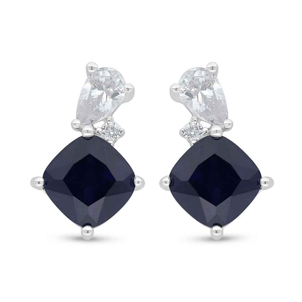 Sterling Silver 925 Earring Rhodium Plated Embedded With Sapphire Corundum And White Zircon
