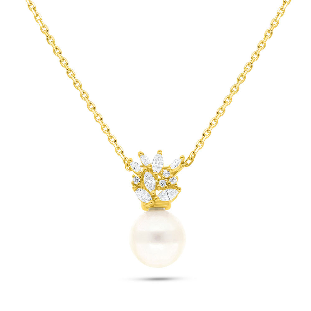 Sterling Silver 925 Necklace Golden Plated Embedded With Fresh Water Pearl And White Zircon