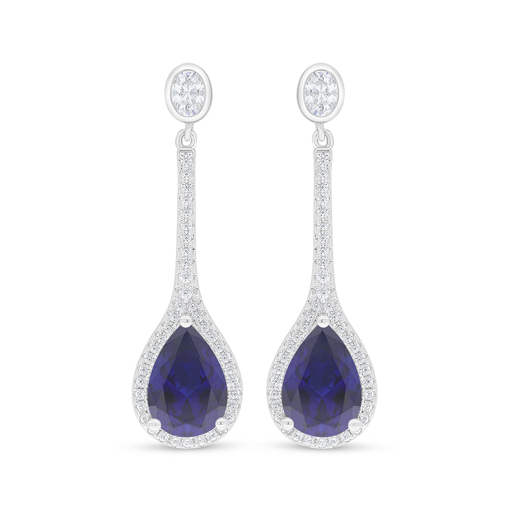 Sterling Silver 925 Earring Rhodium Plated Embedded With Sapphire Corundum And White Zircon