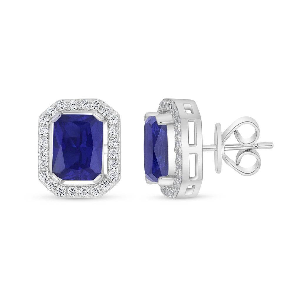 Sterling Silver 925 Earring Rhodium Plated Embedded With Sapphire Corundum And White Zircon
