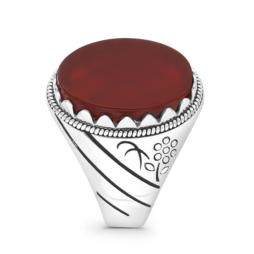 Sterling Silver 925 Ring Rhodium And Black Plated Embedded With Red Natural Aqiq For Men