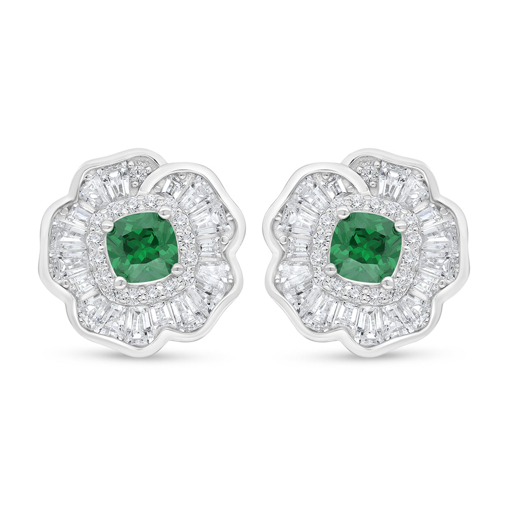 Sterling Silver 925 Earring Rhodium Plated Embedded With Emerald Zircon And White Zircon