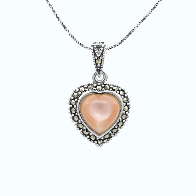 Sterling Silver 925 Pendant Embedded With Natural Pink Shell And Marcasite Stones