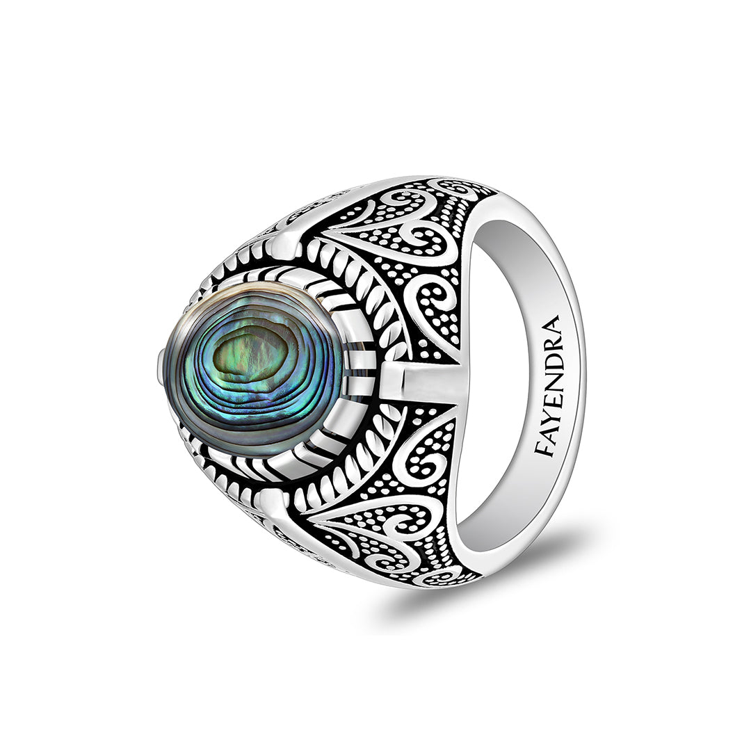 خاتم رجالي من الفضة الخالصة عيار 925 مطلي روديوم و اسود مرصع احجار صدف استرالي كابشون