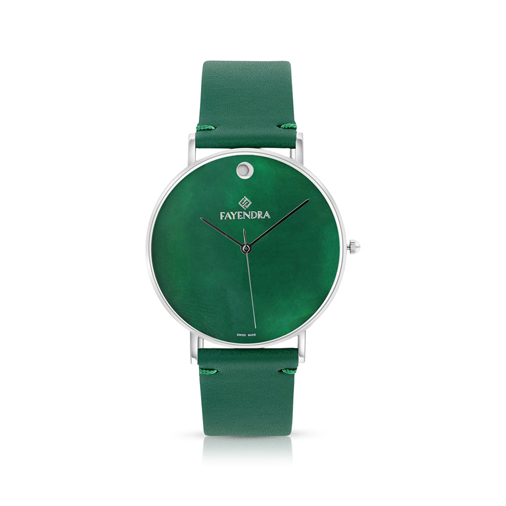 Stainless Steel 316 Watch Silver Color Embedded With Green Leather For Men - GREEN MOP DIAL