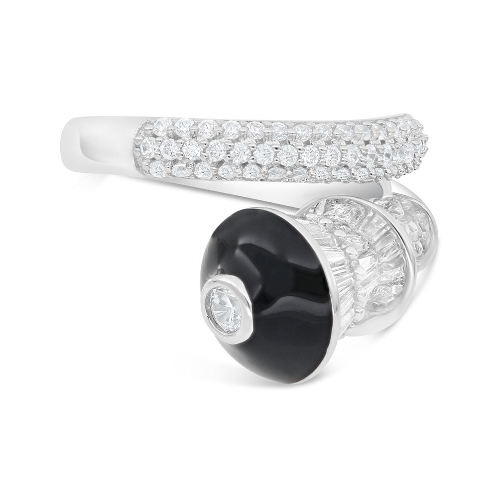 Sterling Silver 925 Ring Rhodium Plated Embedded With Black Enamel And White Zircon