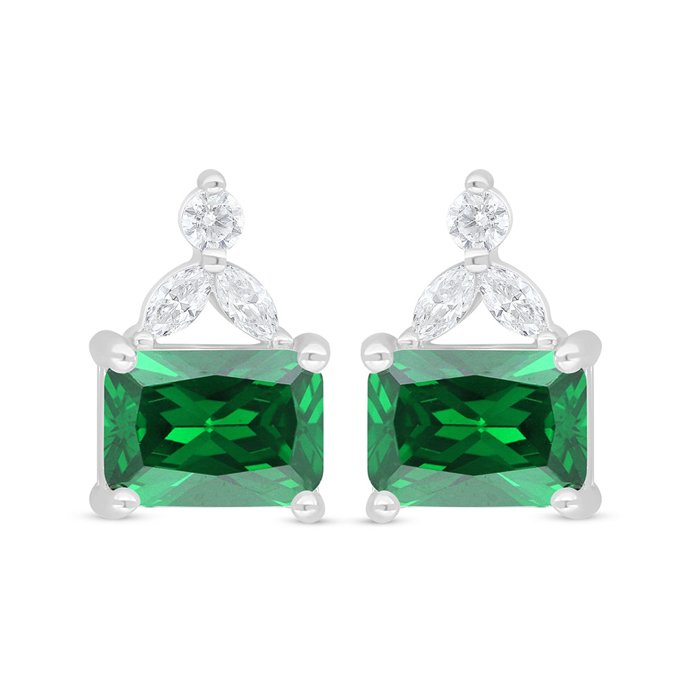 Sterling Silver 925 Earring Rhodium Plated Embedded With Emerald Zircon And White Zircon