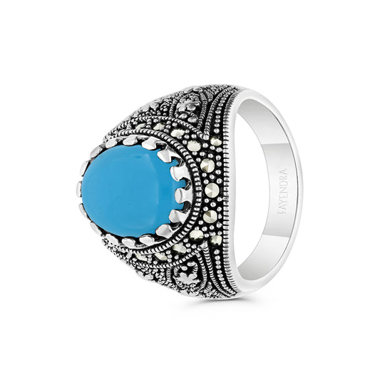 Sterling Silver 925 Ring Embedded With Natural Processed Turquoise And Marcasite Stones For Men