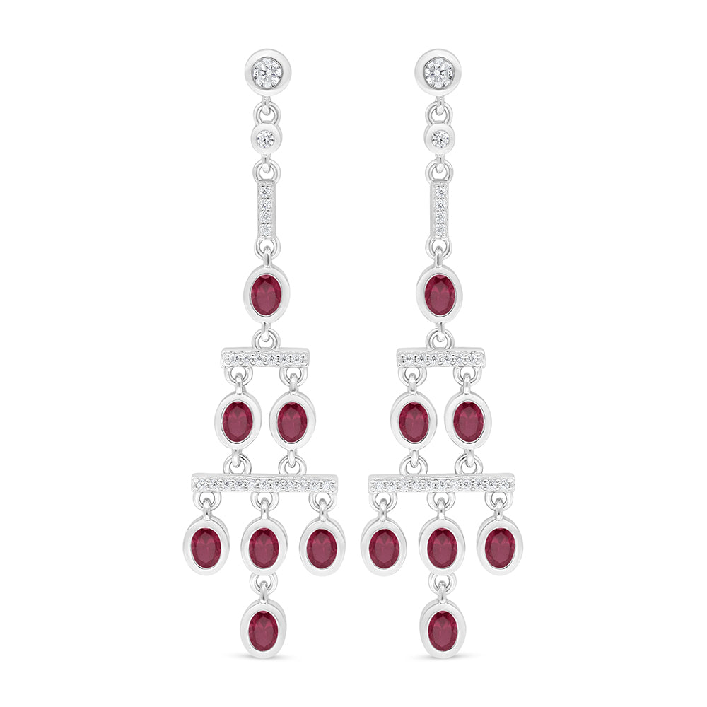 Sterling Silver 925 Earring Rhodium Plated Embedded With Ruby Corundum And White Zircon