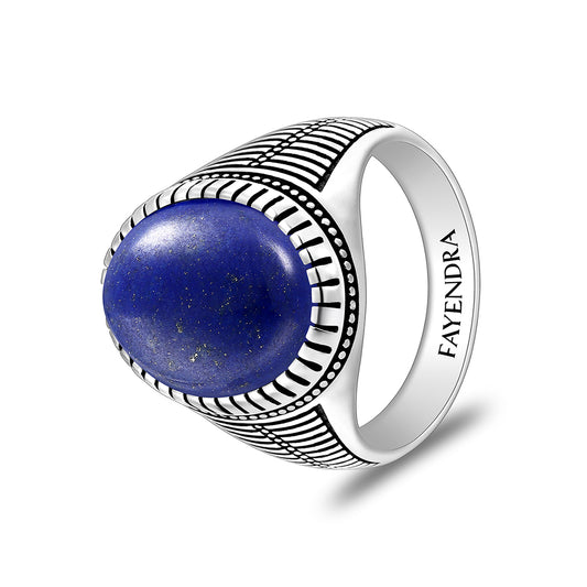 خاتم رجالي من الفضة الخالصة عيار925 مطلي روديوم و اسود مرصع حجر لابيس كابشون