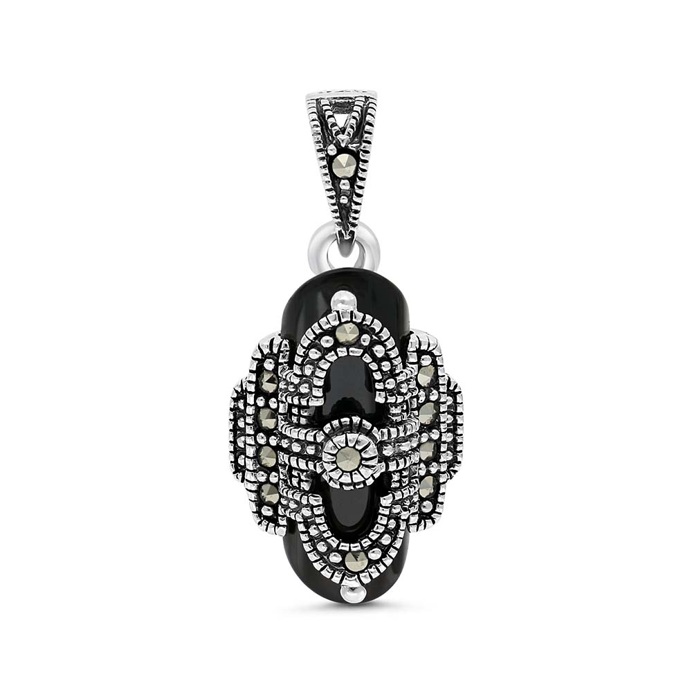 Sterling Silver 925 Pendant Embedded With Natural Black Agate And Marcasite Stones