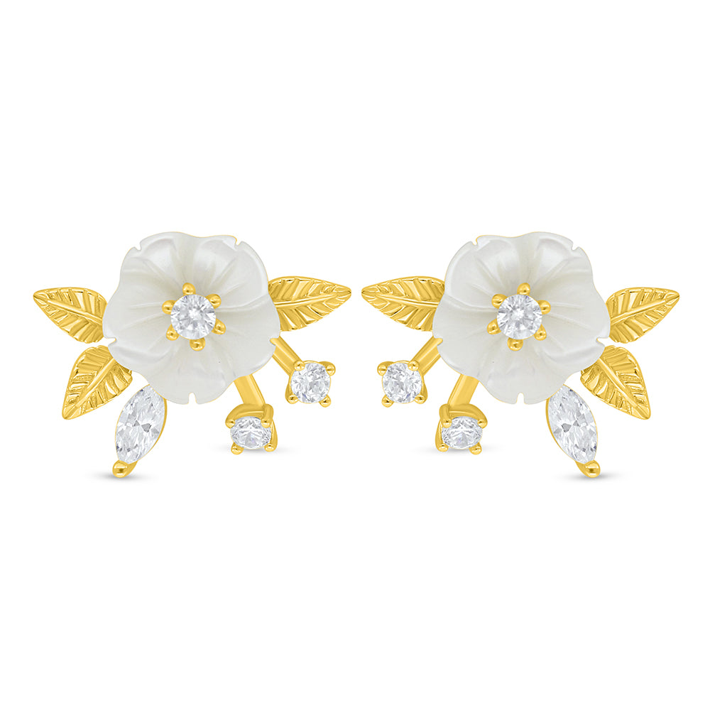 Sterling Silver 925 Earring Golden Plated Embedded With White Shell And White Zircon