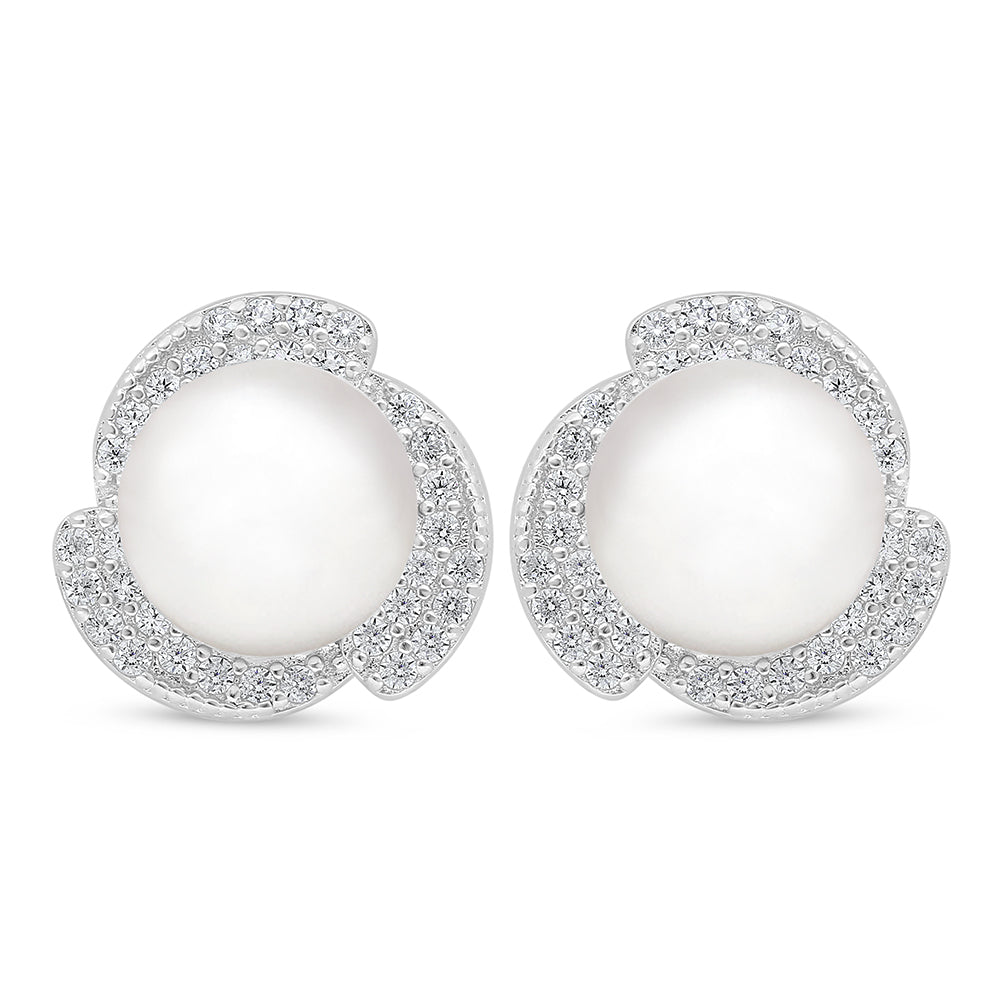 Sterling Silver 925 Earring Rhodium Plated Embedded With Natural White Pearl And White Zircon