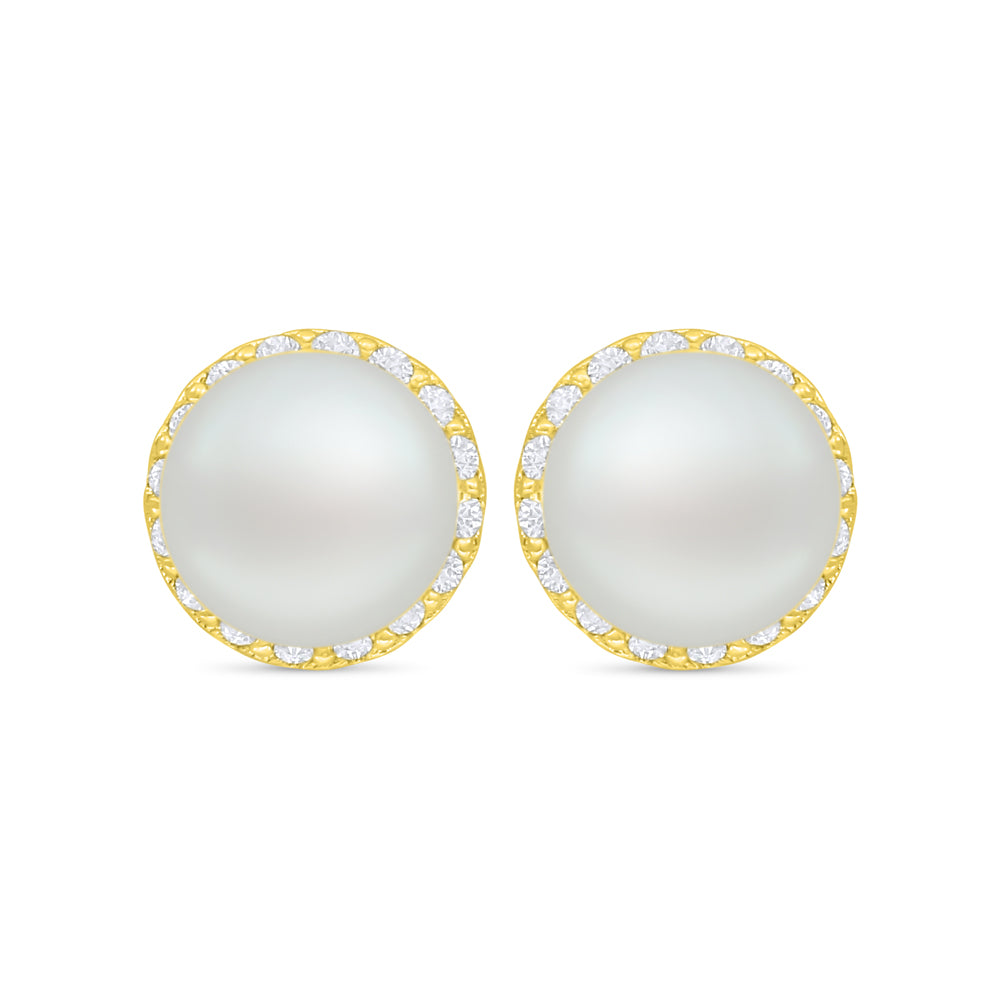 اقراط من الفضة الخالصة عيار 925 مطلي ذهبي مرصع لولو ابيض طبيعي و فص ابيض