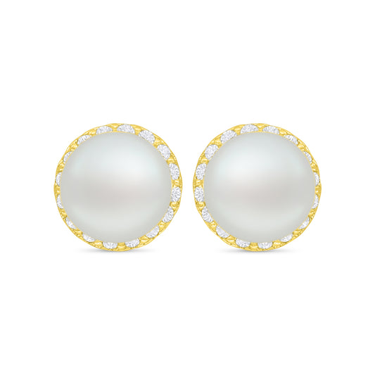 اقراط من الفضة الخالصة عيار 925 مطلي ذهبي مرصع لولو ابيض طبيعي و فص ابيض