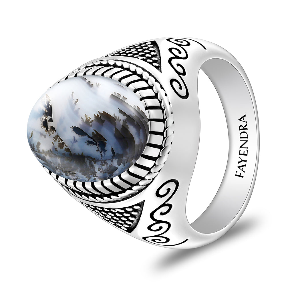 خاتم رجالي من الفضة الخالصة عيار 925 مطلي روديوم و اسود مرصع عقيق مشجر طبيعي كابشون