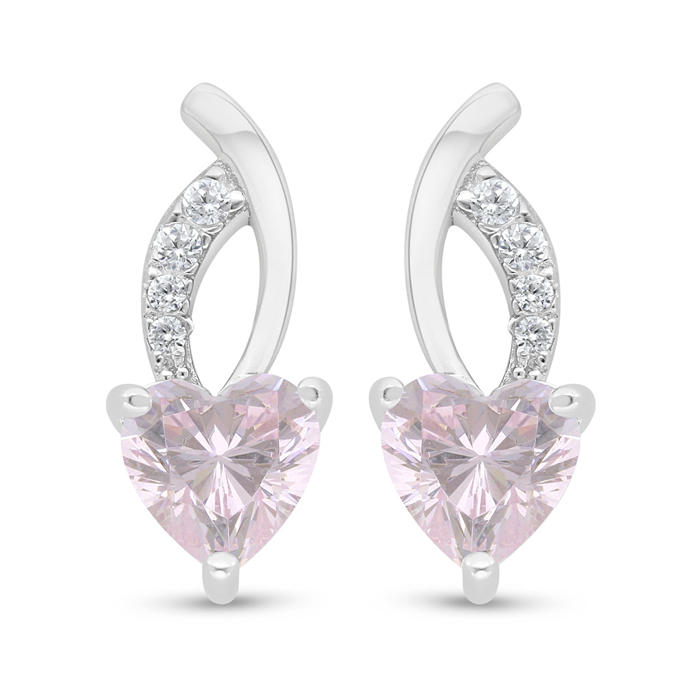 Sterling Silver 925 Earring Rhodium Plated Embedded With Pink Zircon And White Zircon