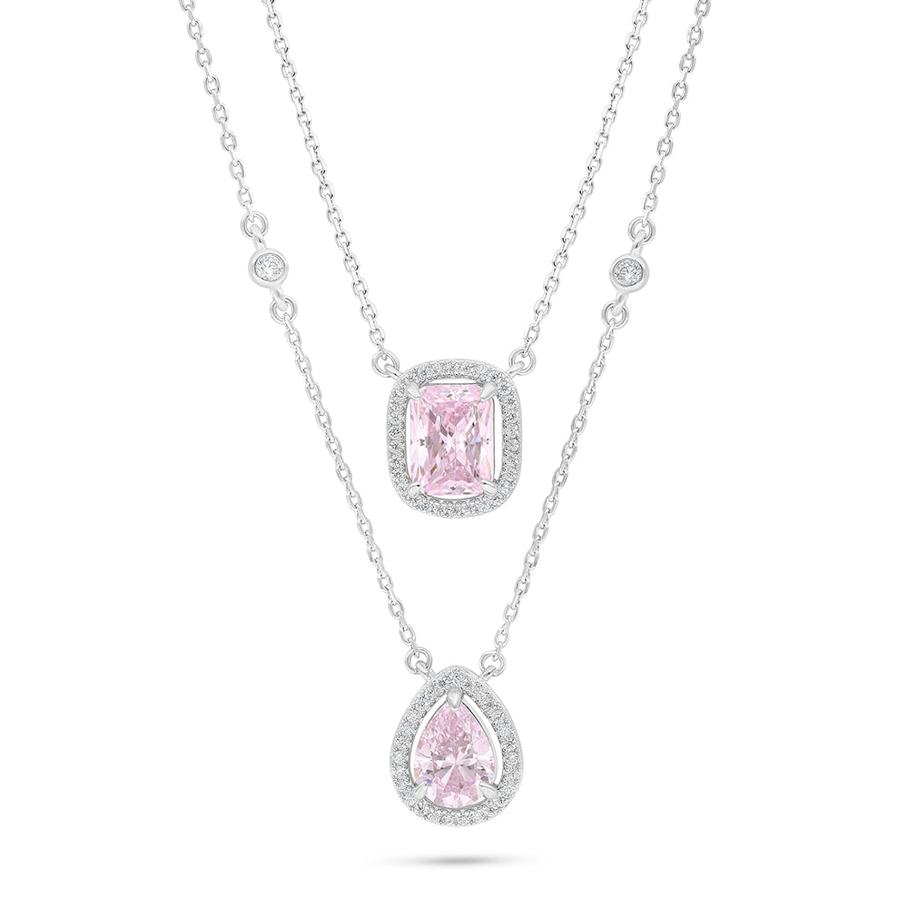 Sterling Silver 925 Necklace Rhodium Plated Embedded With Pink Zircon And White Zircon