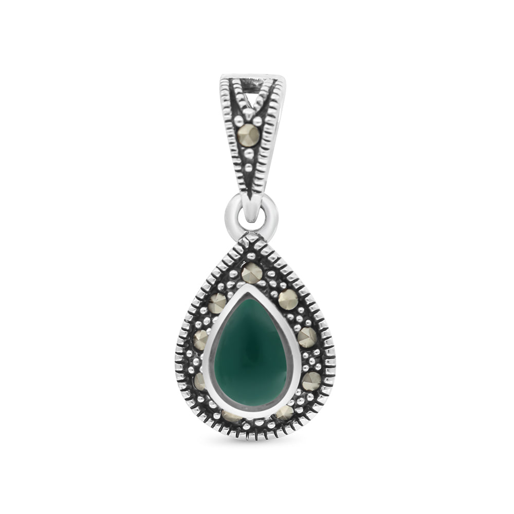 Sterling Silver 925 Pendant Embedded With Natural Green Agate And Marcasite Stones