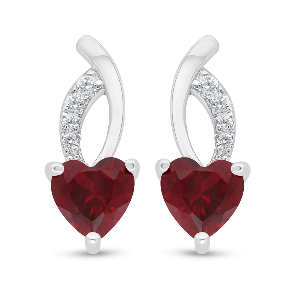 Sterling Silver 925 Earring Rhodium Plated Embedded With Ruby Corundum And White Zircon
