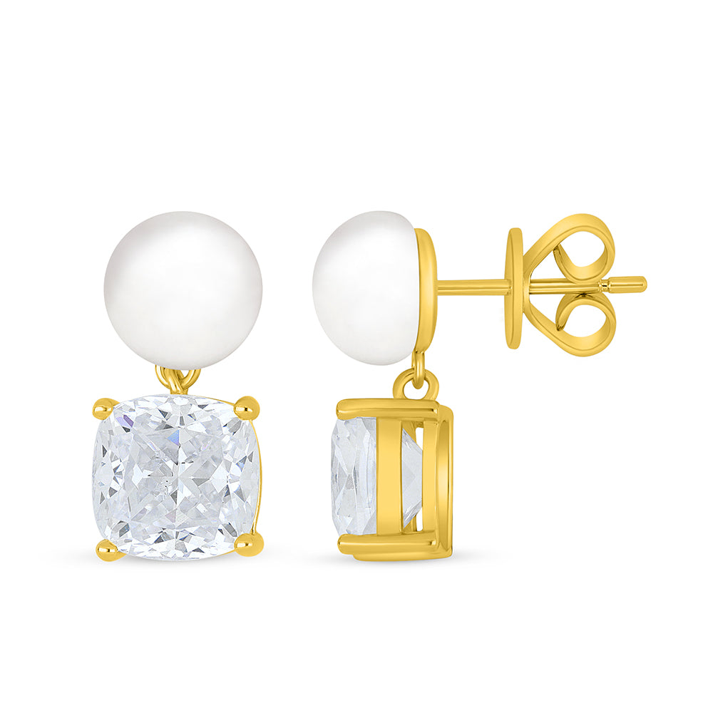Sterling Silver 925 Earring Golden Plated Embedded With Natural White Pearl And Diamond Zircon