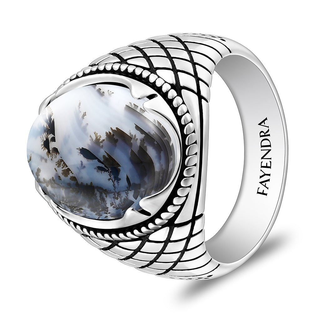 Sterling Silver 925 Ring Rhodium And Black Plated Embedded With Natural Agate Cabochon For Men