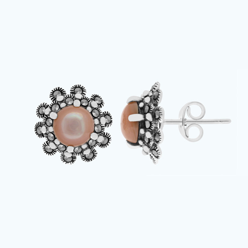 Sterling Silver 925 Earring Embedded With Natural Pink Shell And Marcasite Stones