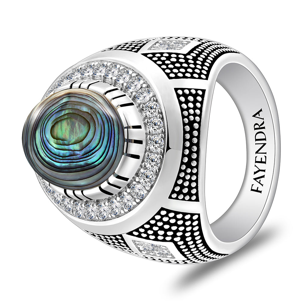 خاتم رجالي من الفضة الخالصة عيار 925 مطلي روديوم و اسود مرصع احجار صدف استرالي كابشون و فص ابيض