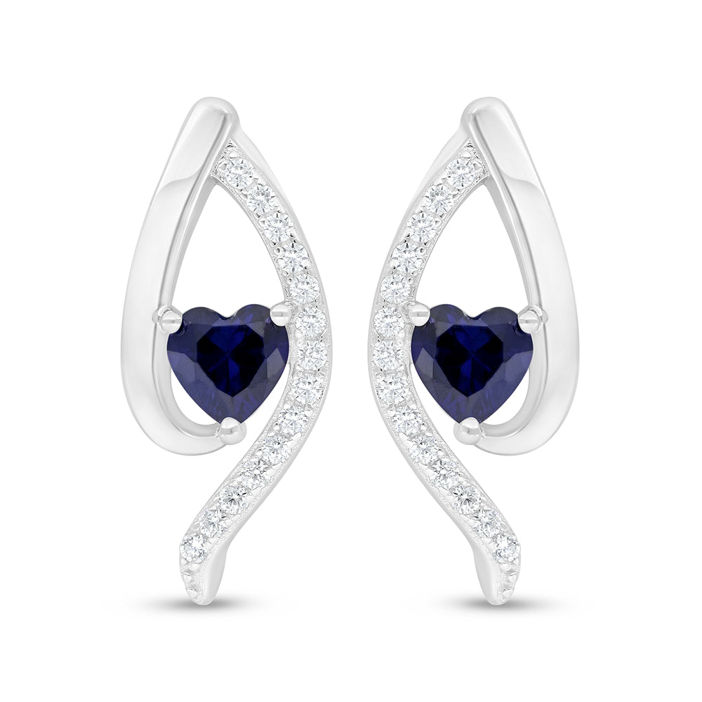 Sterling Silver 925 Earring Rhodium Plated Embedded With Sapphire Corundum And White Zircon