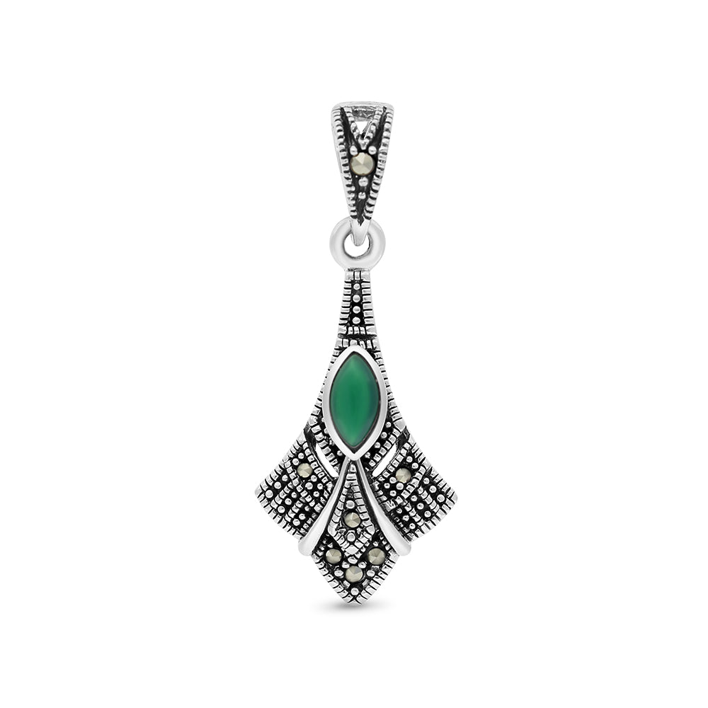 Sterling Silver 925 Pendant Embedded With Natural Green Agate And Marcasite Stones