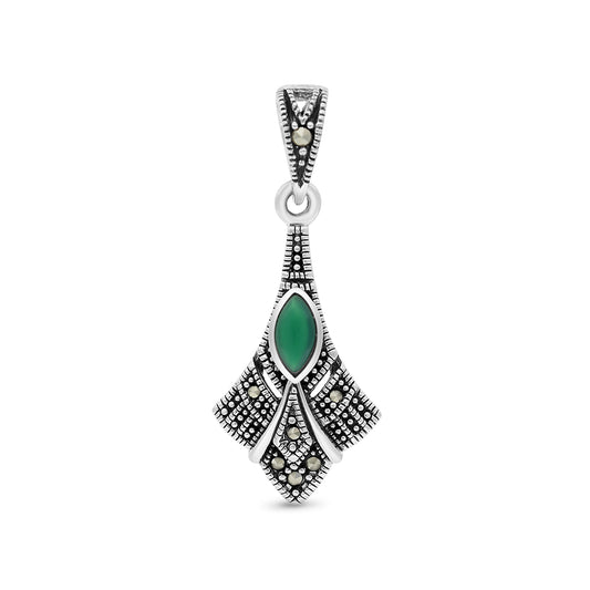 Sterling Silver 925 Pendant Embedded With Natural Green Agate And Marcasite Stones