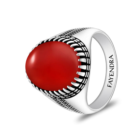 خاتم رجالي من الفضة الخالصة عيار 925 مطلي روديوم و اسود مرصع عقيق احمر كابشون