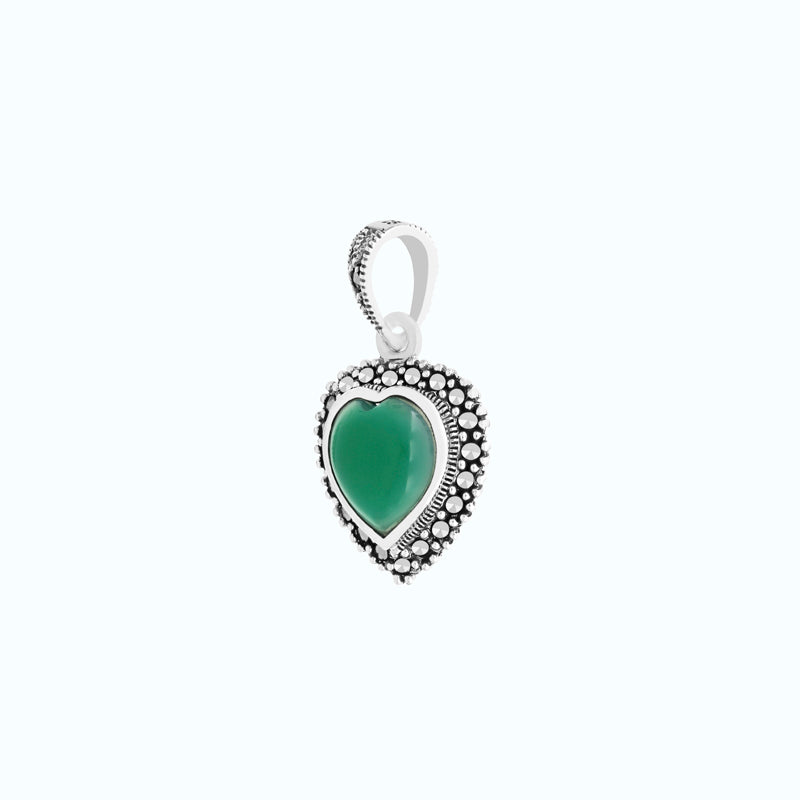 Sterling Silver 925 Pendant Embedded With Natural Green Agate And Marcasite Stones