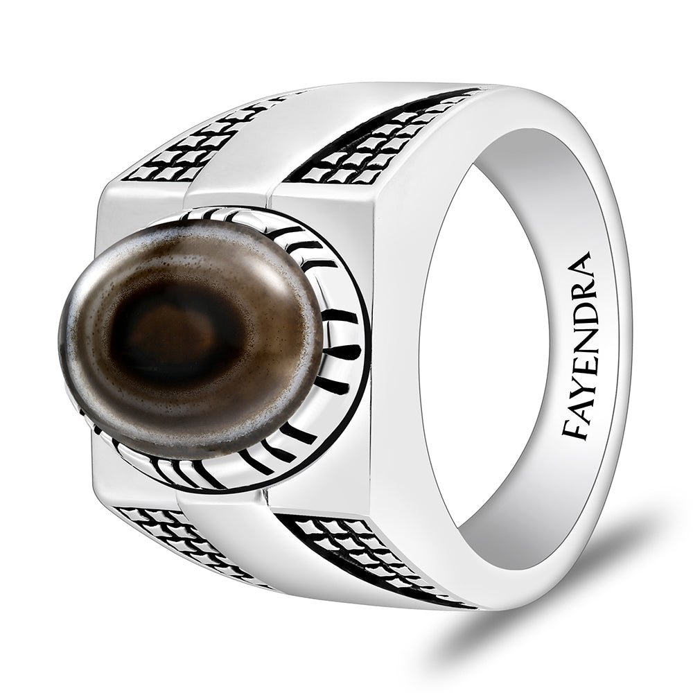 خاتم رجالي من الفضة الخالصة عيار 925 مطلي روديوم و اسود مرصع احجار عقيق سليماني كابشون