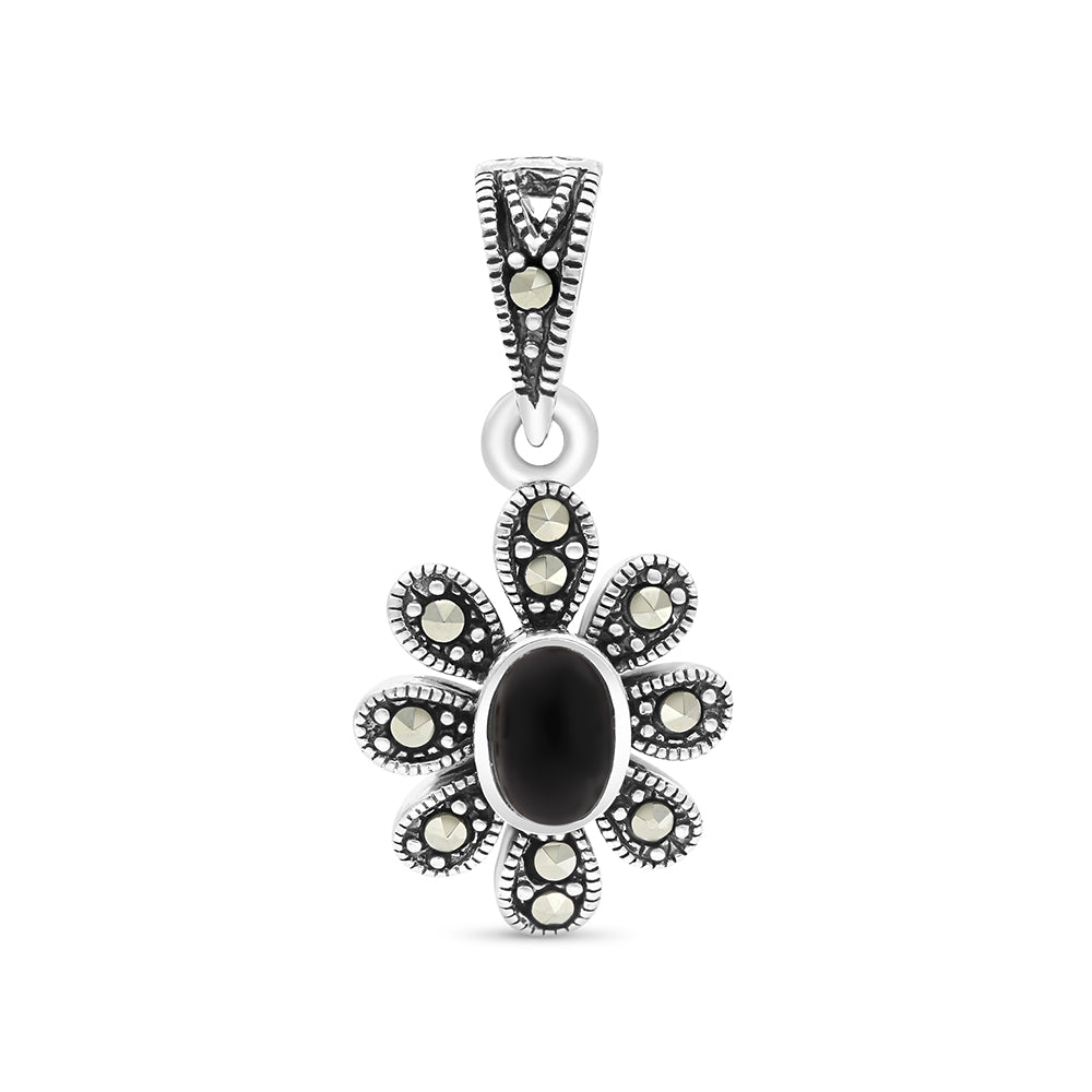Sterling Silver 925 Pendant Embedded With Natural Black Agate And Marcasite Stones