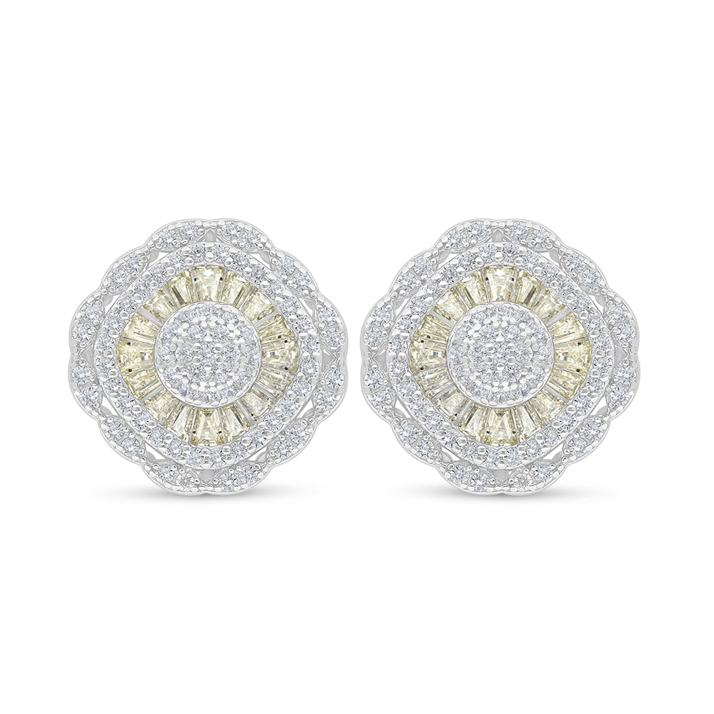 Sterling Silver 925 Earring Rhodium Plated Embedded With Yellow Diamond And White Zircon