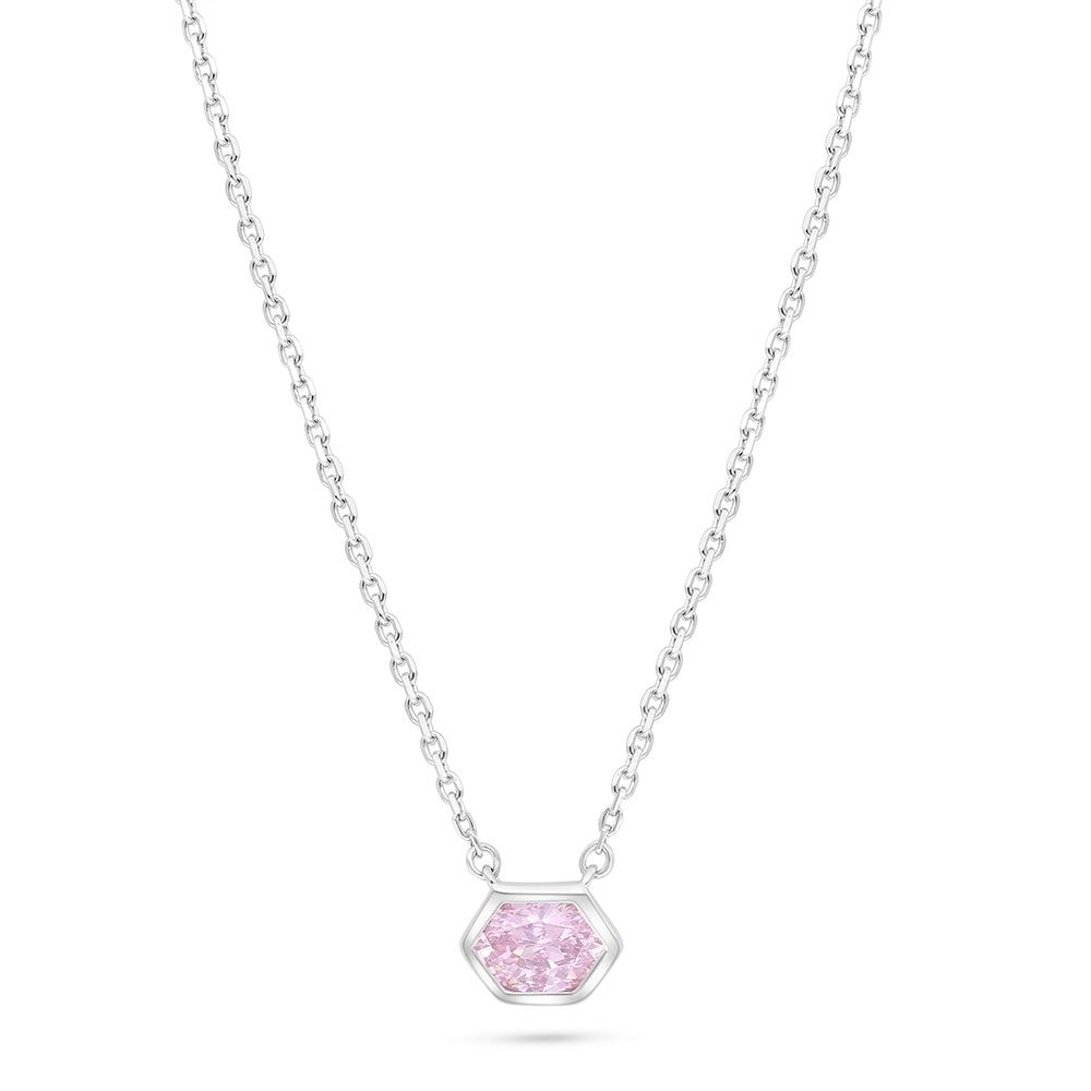 Sterling Silver 925 Necklace Rhodium Plated Embedded With Pink Zircon