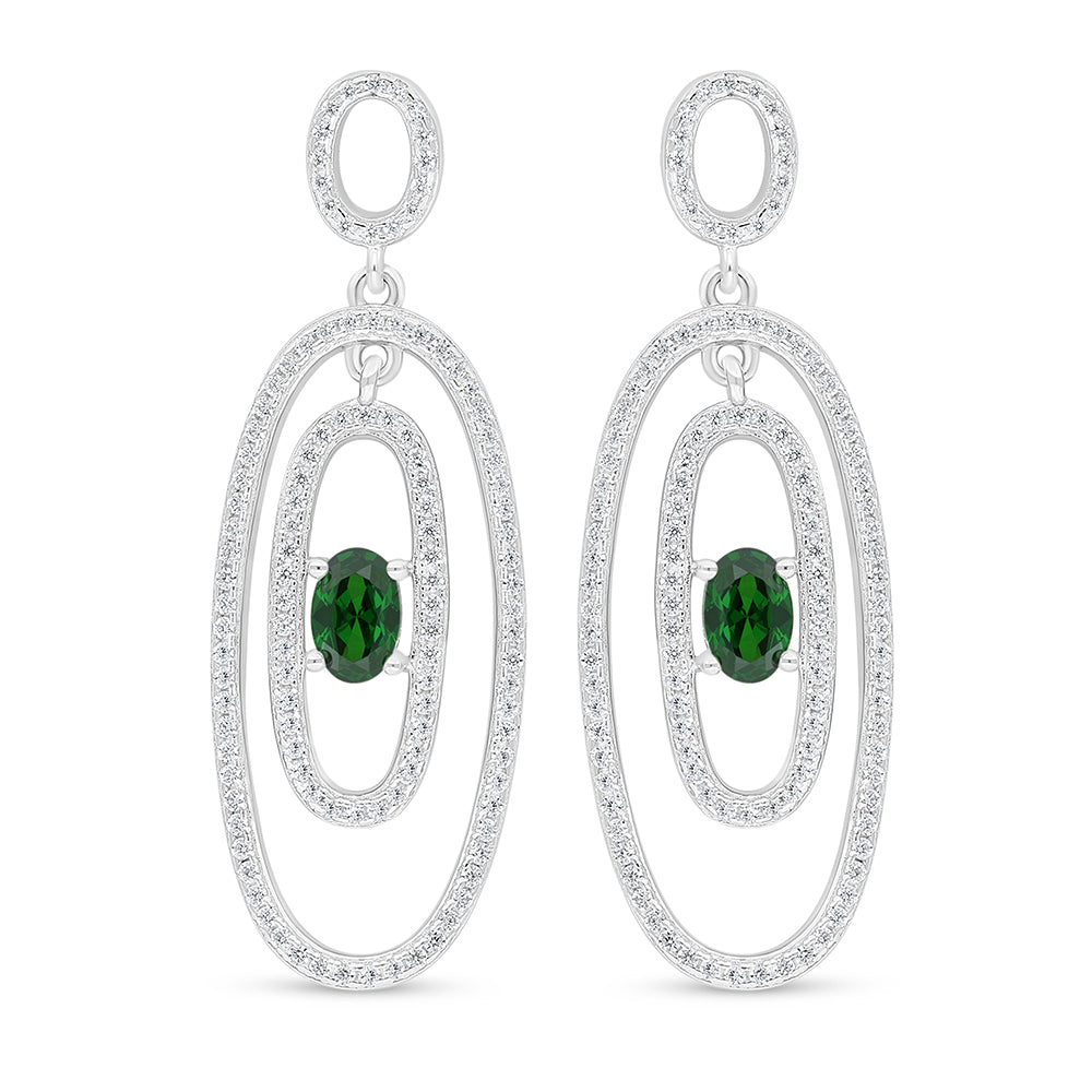 Sterling Silver 925 Earring Rhodium Plated Embedded With Emerald Zircon And White Zircon