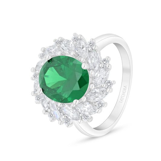 Sterling Silver 925 Ring Rhodium Plated Embedded With Emerald Zircon And White Zircon