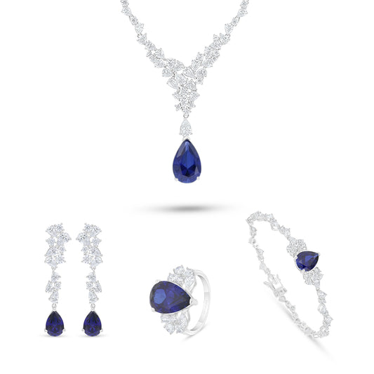Sterling Silver 925 SET Rhodium Plated Embedded With Sapphire Corundum And White Zircon