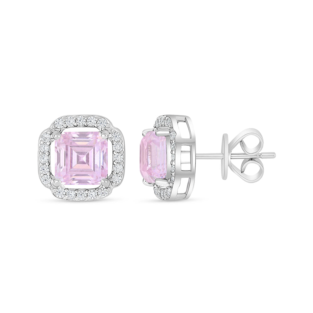Sterling Silver 925 Earring Rhodium Plated Embedded With Pink Zircon And White Zircon