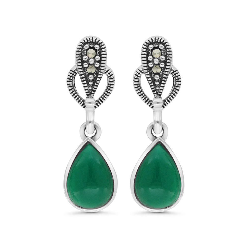Sterling Silver 925 Earring Embedded With Natural Green Agate And Marcasite Stones