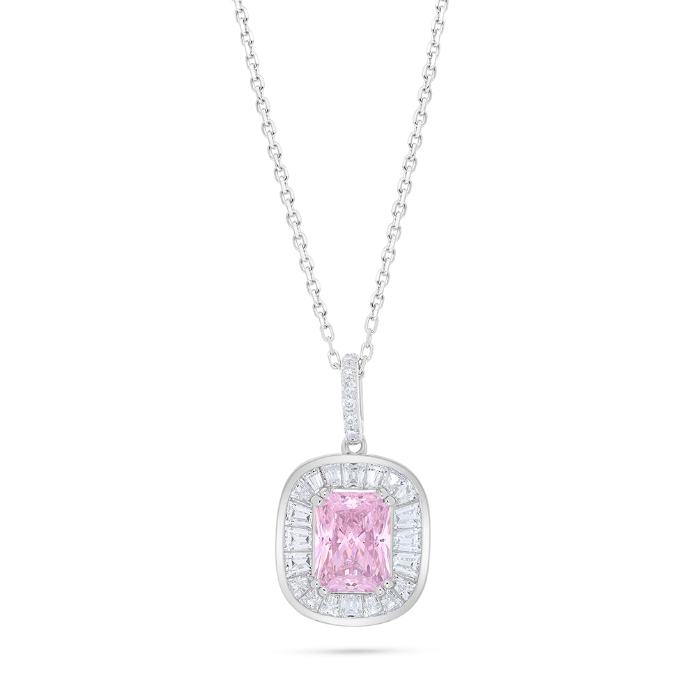 Sterling Silver 925 Necklace Rhodium Plated Embedded With Pink Zircon And White Zircon