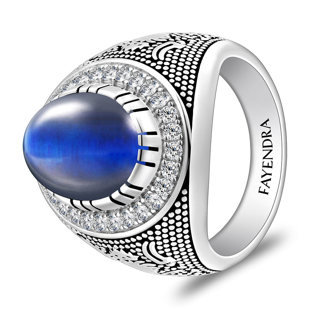 Sterling Silver 925 Ring Rhodium And Black Plated Embedded With Blue Tiger Eye Cabochon And White Zircon For Men