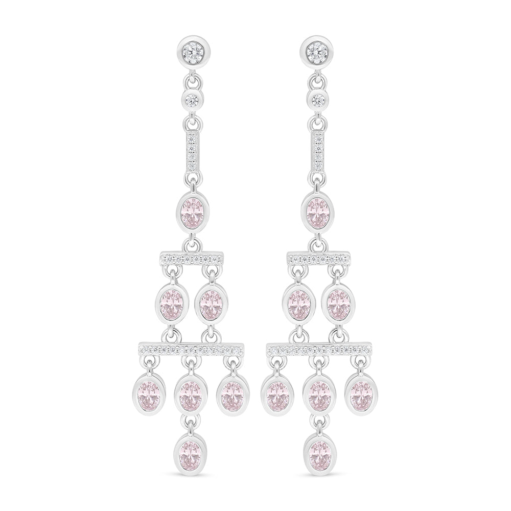 Sterling Silver 925 Earring Rhodium Plated Embedded With Pink Zircon And White Zircon