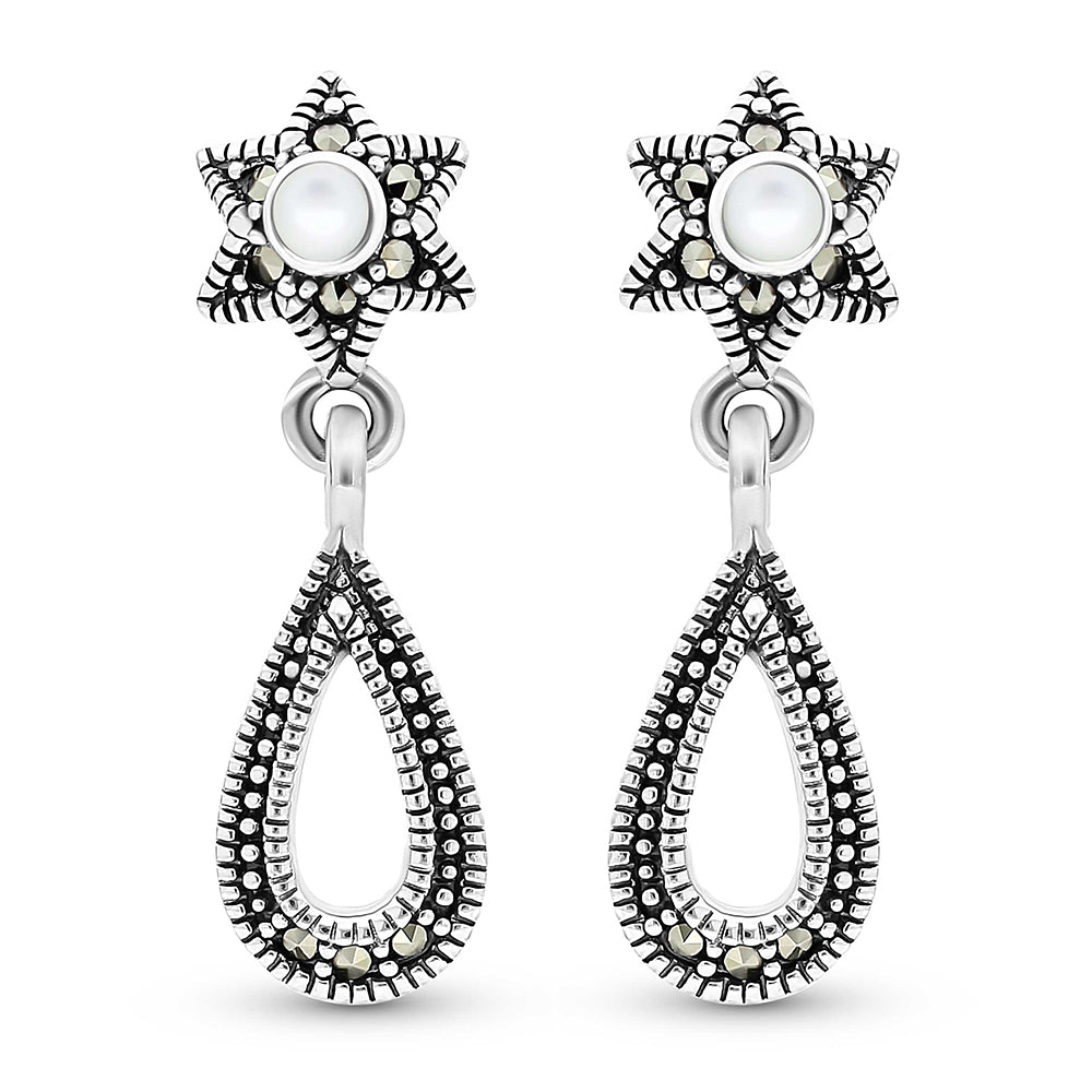 Sterling Silver 925 Earring Embedded With Natural White Shell And Marcasite Stones