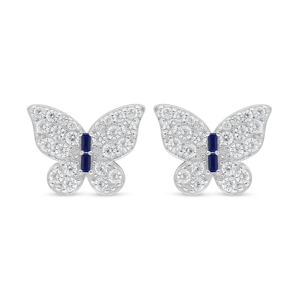 Sterling Silver 925 Earring Rhodium Plated Embedded With Sapphire Corundum And White Zircon